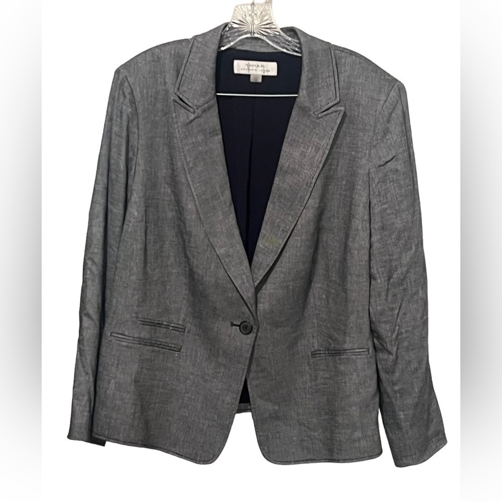 Tahari navy linen blend one button blazer